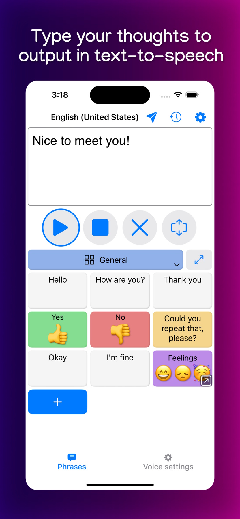 Screenshot of TypingTalk AAC on iPhone, with the title: Type your thoughts to output in text-to-speech