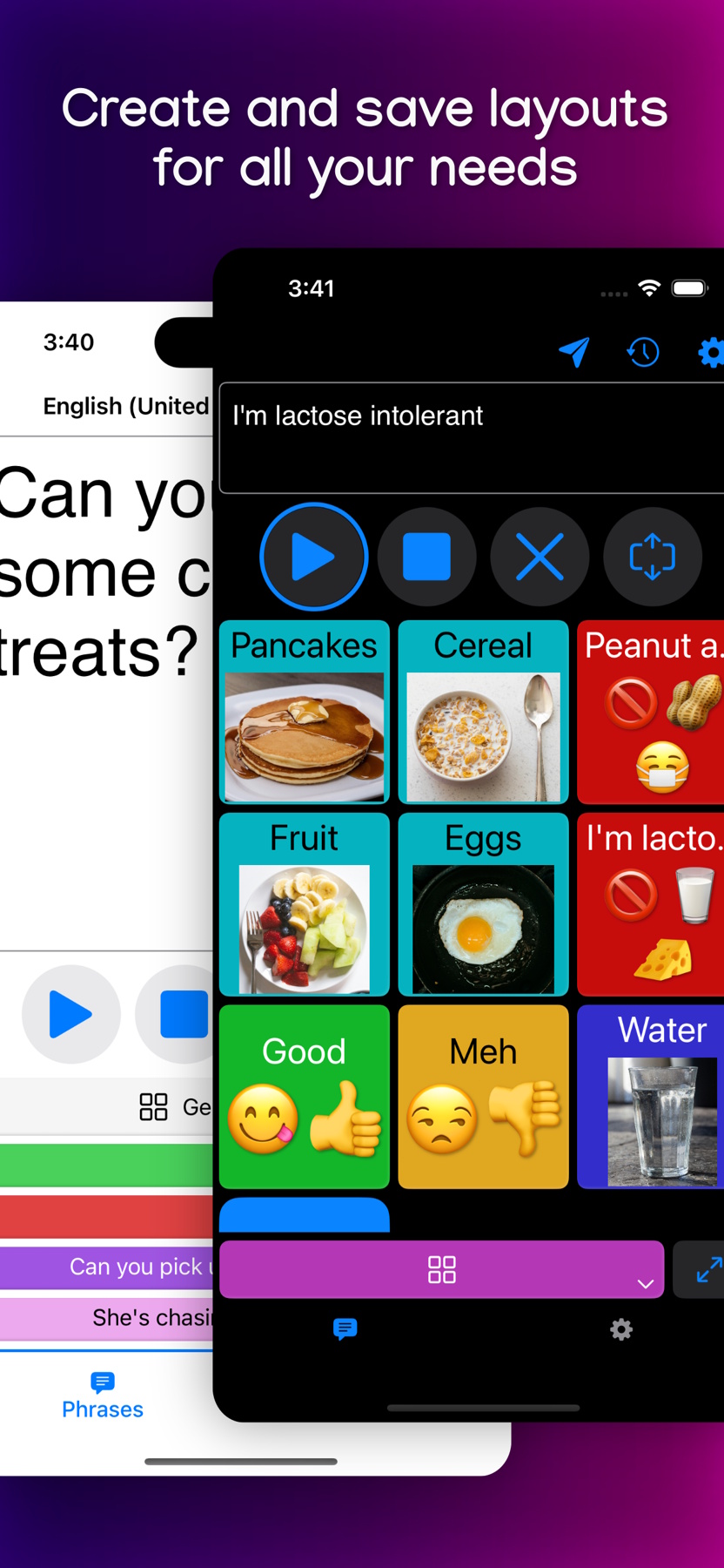 Screenshot of TypingTalk AAC on iPhone, with the title: Create and save layouts for all your needs