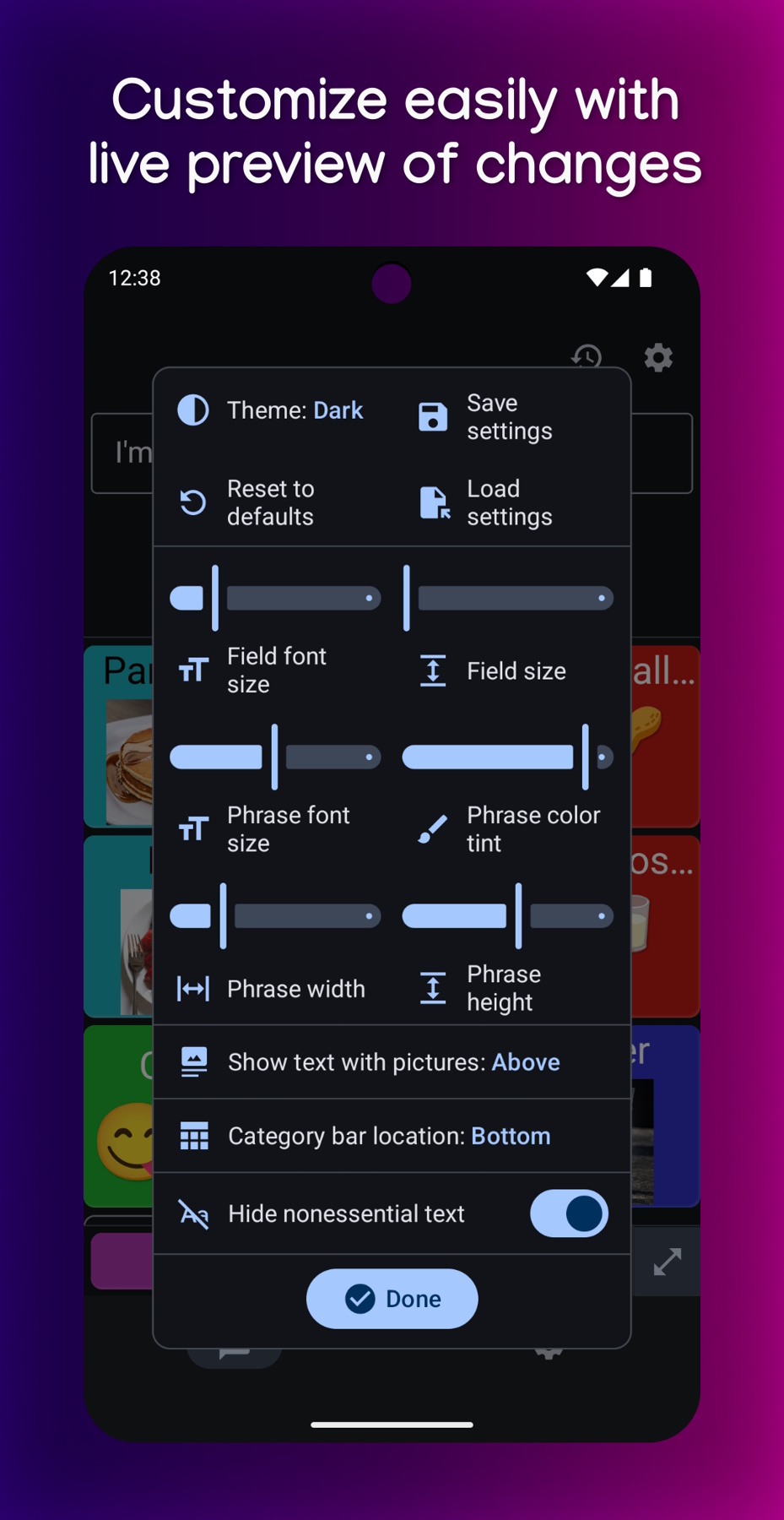 Screenshot of TypingTalk AAC on Android, with the title: Customize easily with live preview of changes