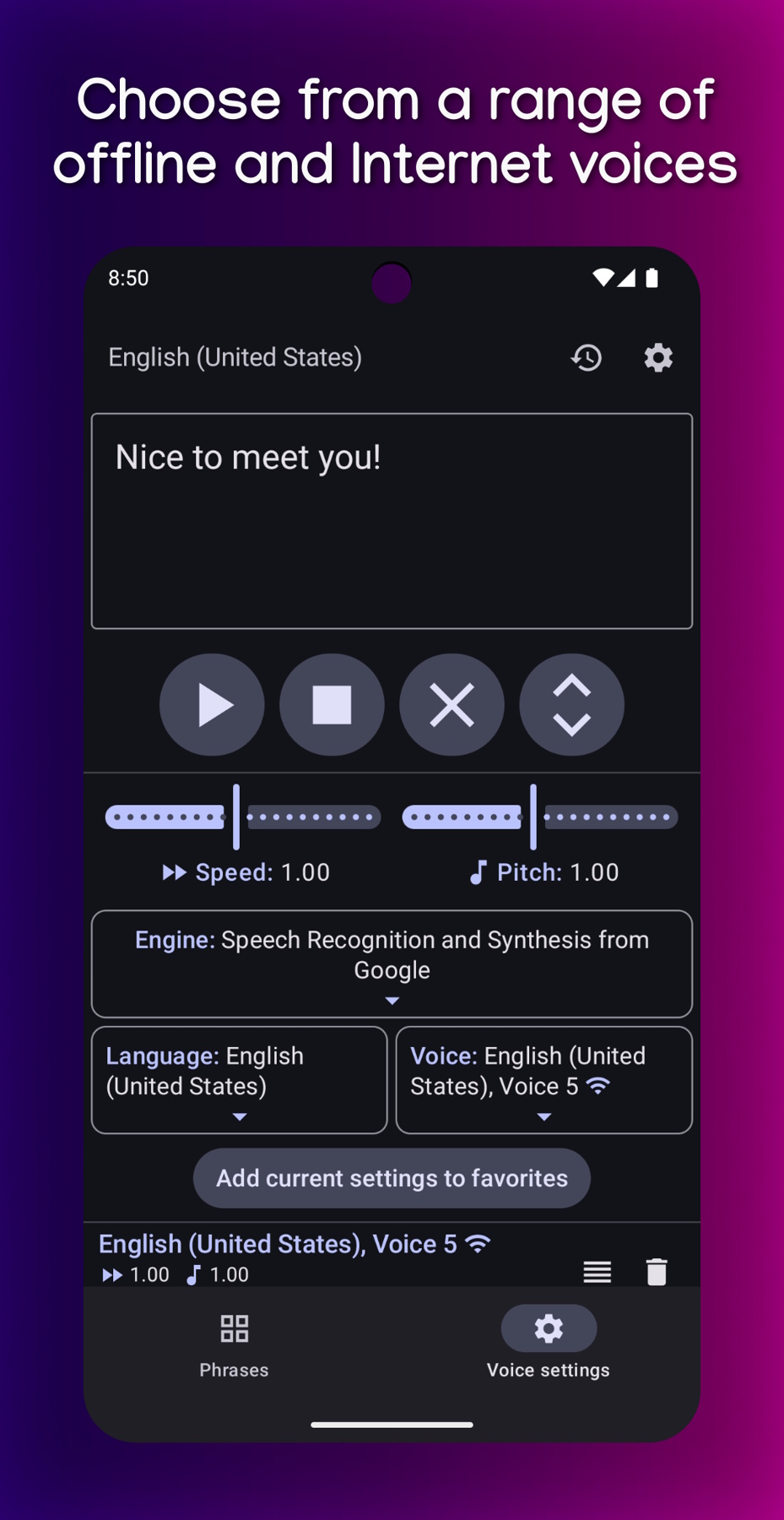 Screenshot of TypingTalk AAC on Android, with the title: Choose from a range of offline and Internet voices