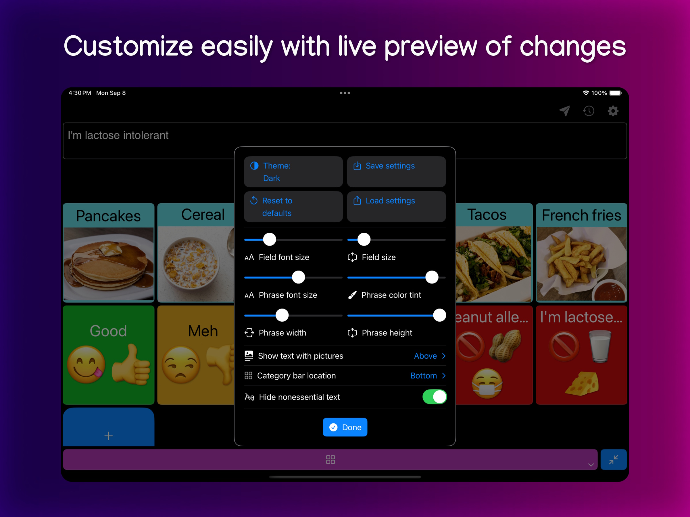 Screenshot of TypingTalk AAC on iPad, with the title: Customize easily with live preview of changes